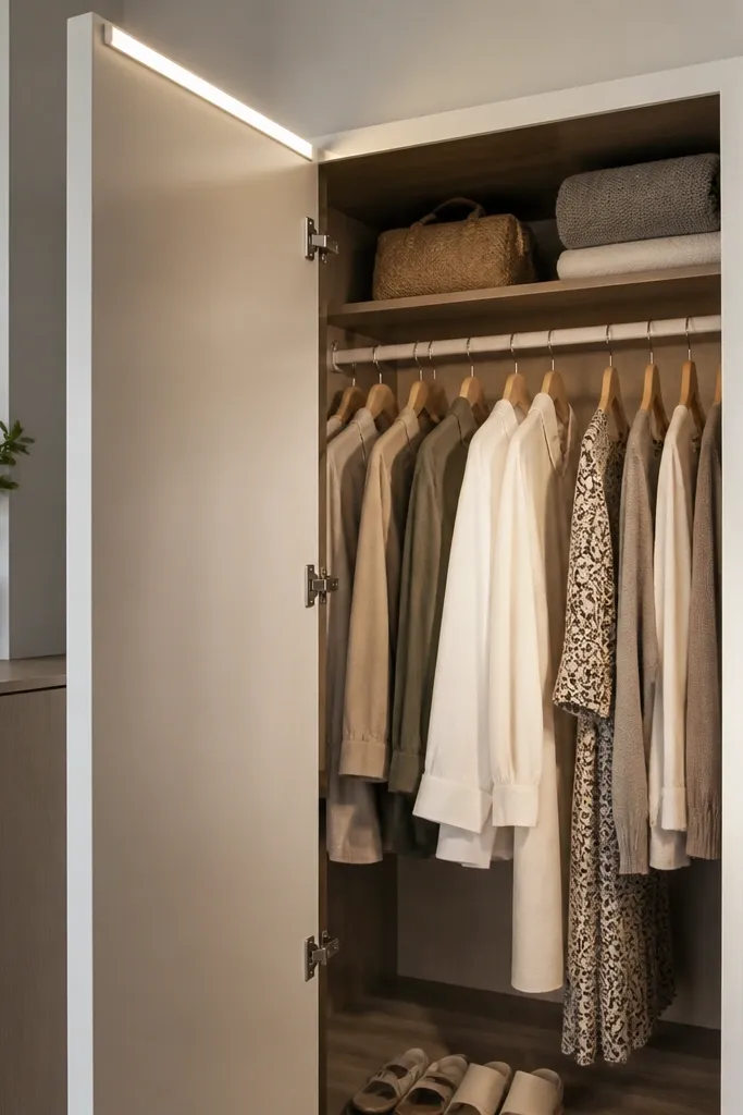 The inside of a closet door has a slim LED strip running along the top inner border. When the door opens, it lights the closet interior and the hanging clothes look clear.