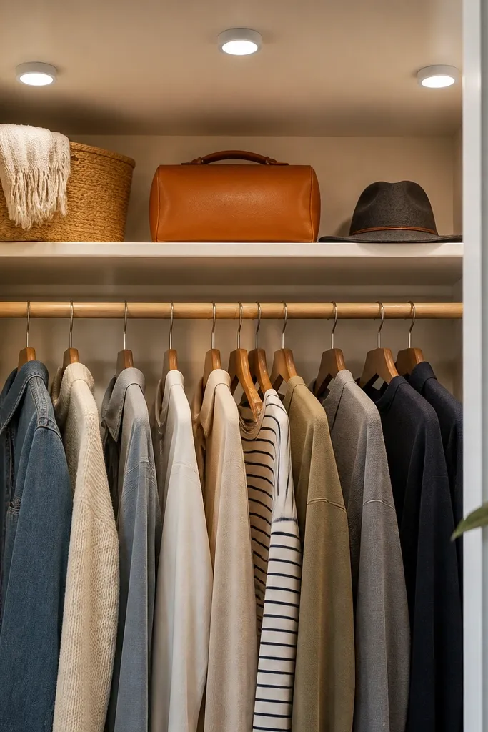 Several small round magnetic puck lights are attached inside a compact closet. They can be repositioned, and the closet interior is evenly lit over a hanging rod and top shelf.