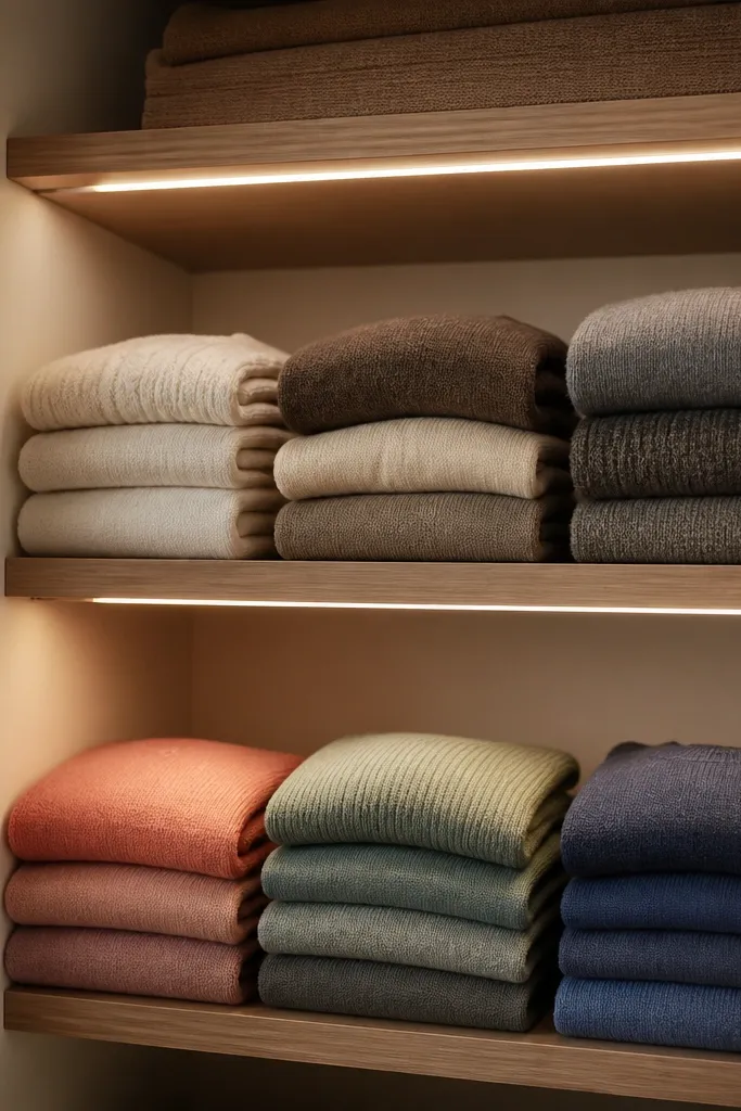 A small closet has two shelves with neatly folded sweaters. A slim LED strip is installed under each shelf edge, casting light down onto the folds so colors stay true.