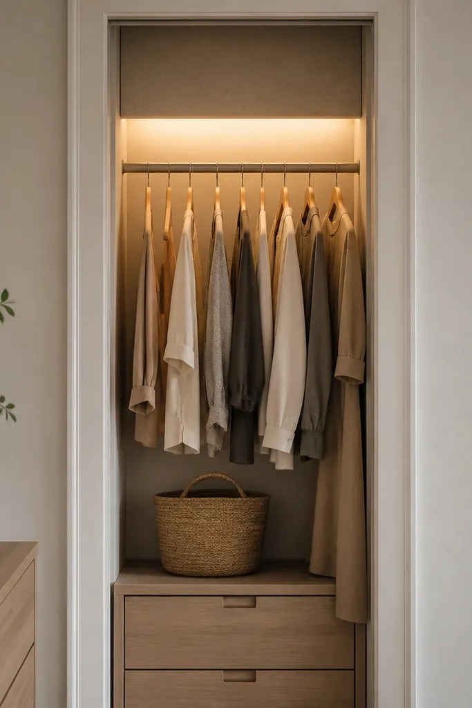 A narrow closet has a short fabric or wood valance panel near the top. A dimmable LED bar is hidden behind it, casting a soft, even wash down the closet interior.