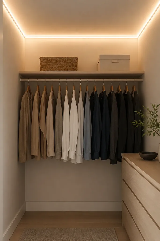 A small closet shows a rope-style LED light tucked into a white cable channel along the top perimeter. The light is continuous and diffused, with no visible LED points.