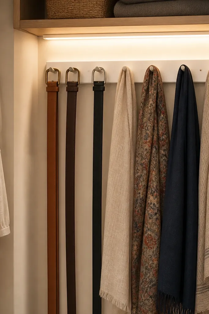 Inside a small closet, a white peg rail holds belts and scarves. A warm LED strip is mounted above the peg rail, lighting the accessories so their textures and colors are easy to pick.