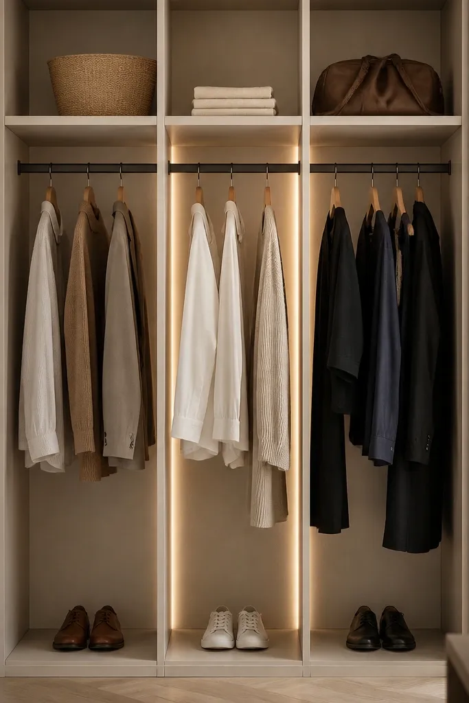 A tiny closet uses thin divider panels to separate hanging zones. A glow strip is mounted behind the divider edge, creating a soft backlit line between the zones while the front stays evenly lit.