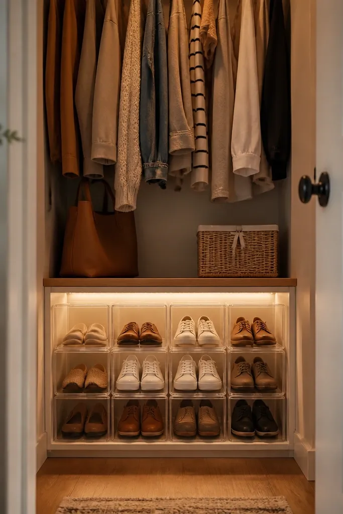 A very small closet has a shoe cubby at the bottom with clear bins. A warm LED strip is mounted under the cubby shelf, lighting the shoes so the toe shapes and colors are visible.