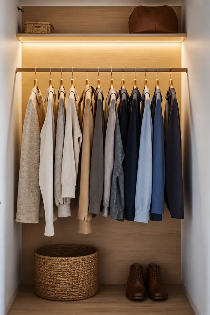 The back wall inside a narrow closet is covered with a light wood panel. An LED strip is mounted along the top edge of the panel, creating a gentle glow that brightens the entire interior behind hanging clothes.