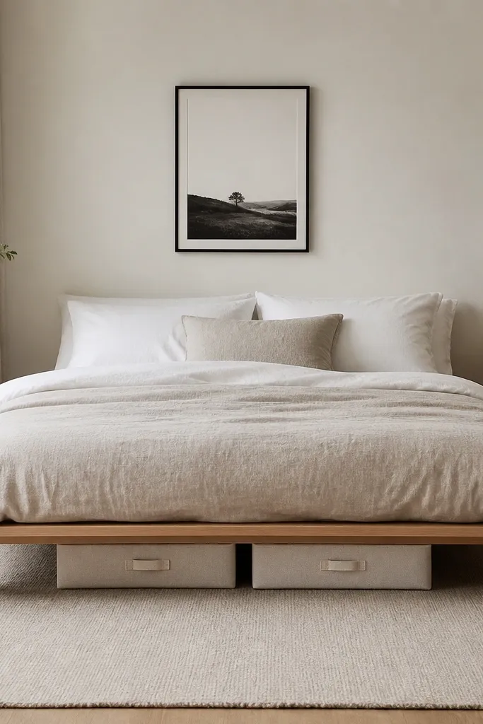 A low platform bed with light oak legs showing a strip of floor. Under the bed are two matching off-white fabric bins with labels. The bedding is crisp white with a oatmeal linen duvet and a small black-framed print above the headboard area.