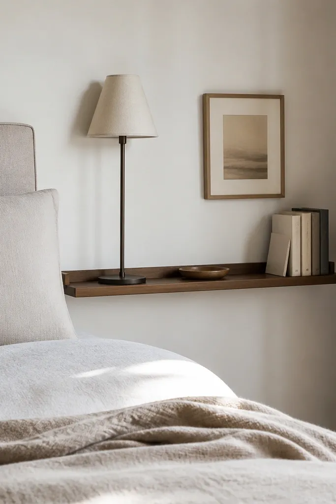 A narrow wall shelf mounted behind where a small nightstand would go, with a shallow lip. On it sits a slim table lamp, a small tray, and a few books. The bed has a simple upholstered headboard, and the wall is painted a warm white.