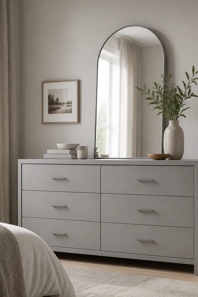 A 12-14 inch deep dresser in soft gray with flat bar pulls. A tall arched mirror sits centered above it, reflecting the window light. Above the dresser is a single small framed print, and the wall is a pale greige.