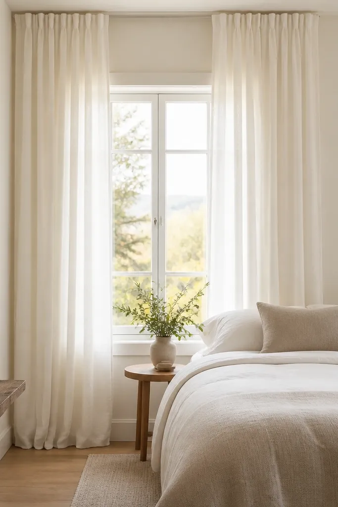 Ceiling-mounted curtain rod with floor-length linen curtains in a light warm white. The curtain panels fall straight with minimal puddling. A small bed sits beneath a window, and the wall paint matches the curtain tone.
