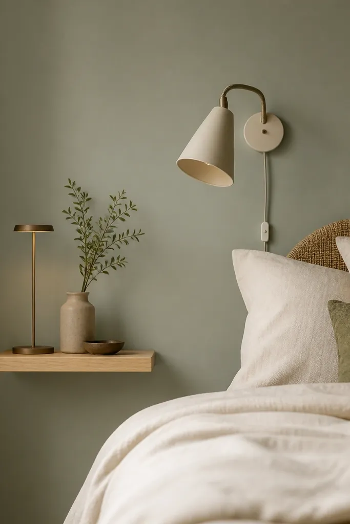 A small floating shelf above the bed side with a slim lamp. A plug-in wall sconce is mounted near the shelf, angled downward. The wall is painted a soft matte sage and the bed has a cream duvet.