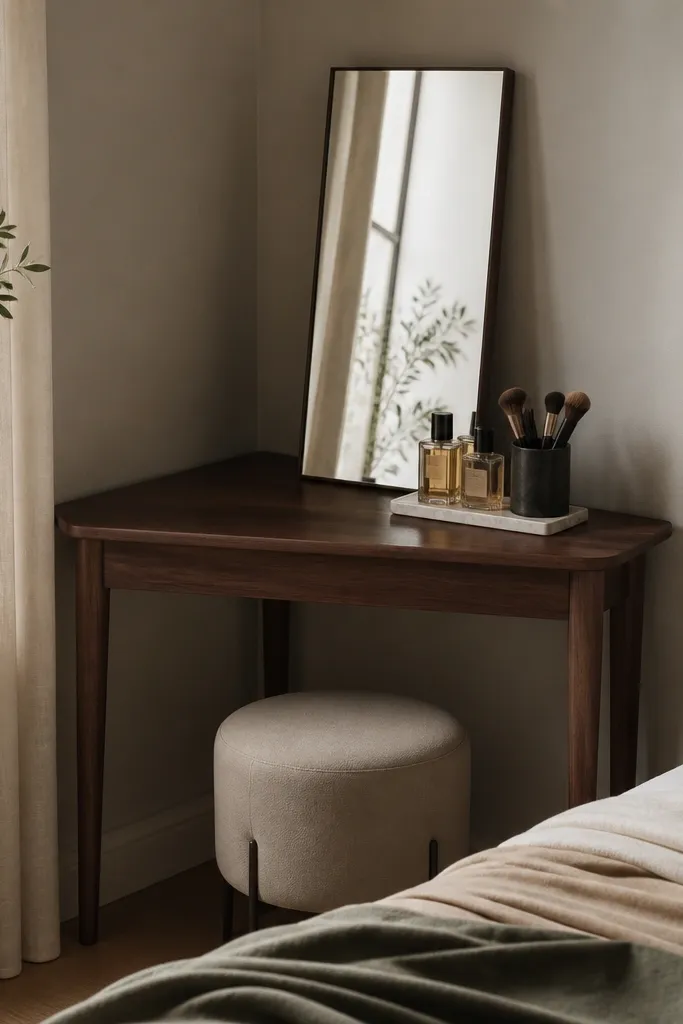A small corner desk with a walnut top and slim legs sits in a bedroom corner. A rectangular mirror leans against the wall behind it. A small tray holds perfume bottles and a makeup brush cup.