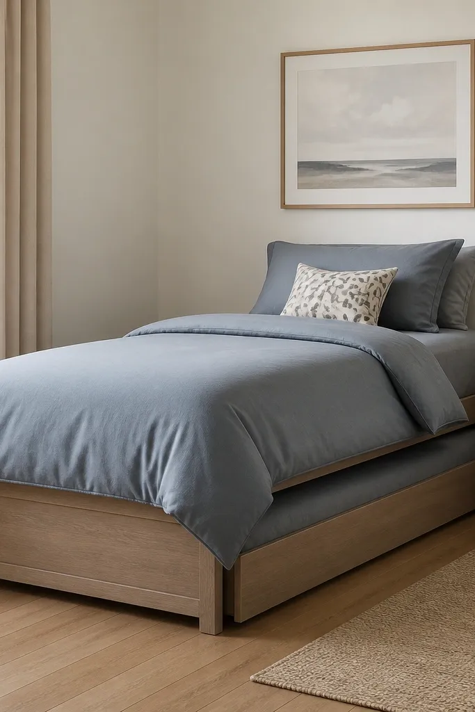 A twin bed with a matching trundle underneath. The duvet is a single color - muted blue-gray - with one patterned throw pillow. The wall has simple art and the floor shows a clear path.