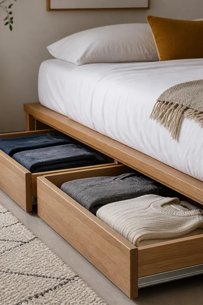 Two pull-out drawers installed under a low bed frame, with wooden fronts and smooth metal tracks. Inside are neatly folded sweaters and jeans. The bedding is white with a mustard accent pillow.
