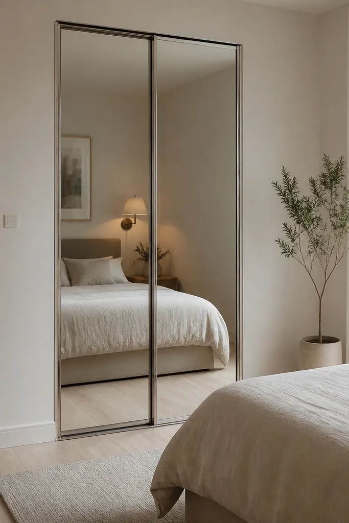 A slim wardrobe cabinet about 16 inches deep with mirrored sliding doors. The mirrors reflect the bed and a wall lamp. The room has a light floor and a neutral duvet.