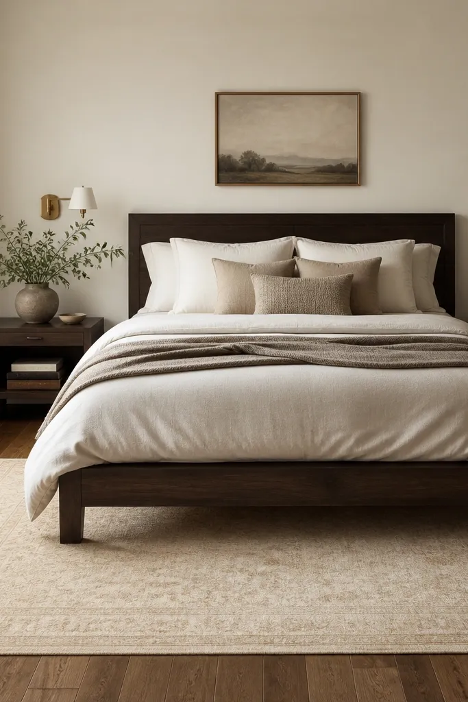 A light beige rug that extends beyond both sides of the bed and under the front half. The bed frame is dark wood. The rug pattern is subtle, and the rest of the floor is still visible.