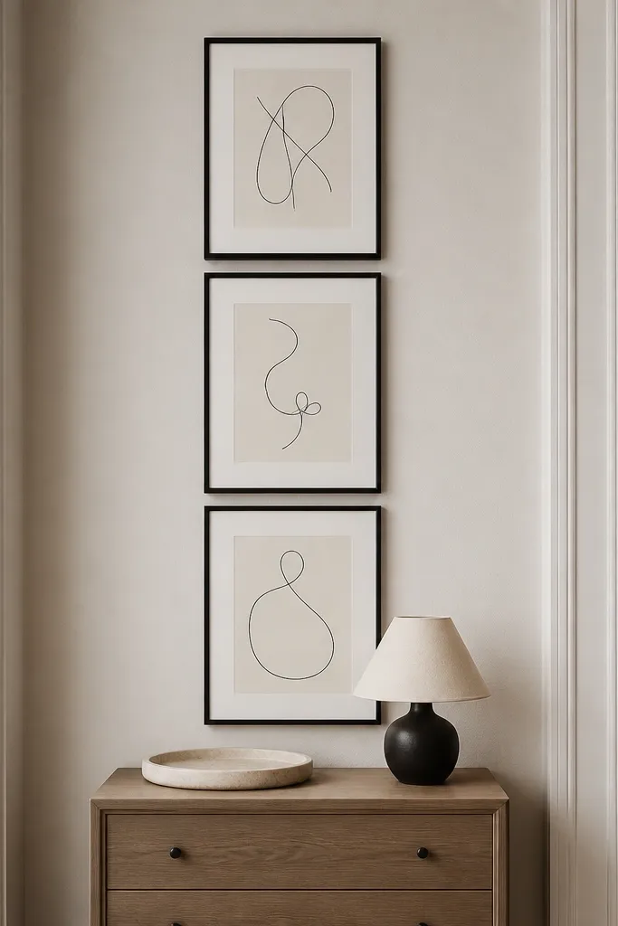 A set of three slim frames stacked vertically above a narrow dresser. The frames have white mats and simple black line art. The dresser top has a single tray and a small lamp.