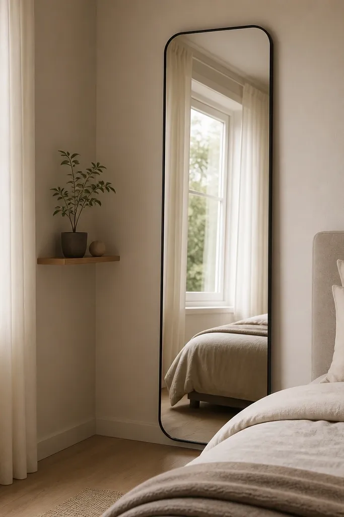A tall lean mirror with a thin black frame placed on the side wall near the bed. It reflects the window and part of the bed. The floor is light wood and there's a small plant on a narrow shelf.