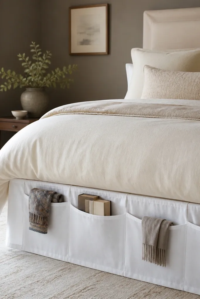 A tailored bed skirt in soft white with evenly spaced storage pockets. The pockets hold folded scarves and a small stack of books. The bedding is cream and the wall is warm gray.