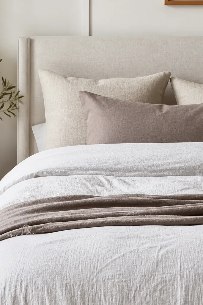A white duvet with subtle texture and two pillows in oatmeal linen and a taupe cotton cover. A single taupe throw is folded at the foot. The headboard is light fabric.