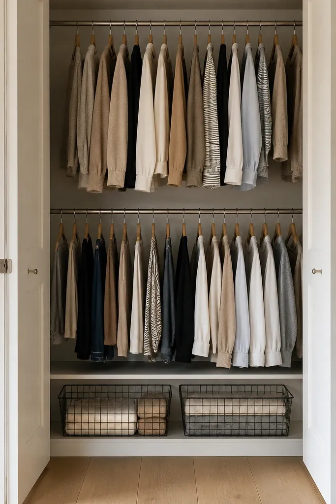 Inside a small closet alcove, there are two wall-mounted rods with slim hangers. Below are two open wire baskets on a shelf. The closet doors are left open for the photo, showing clean organization.
