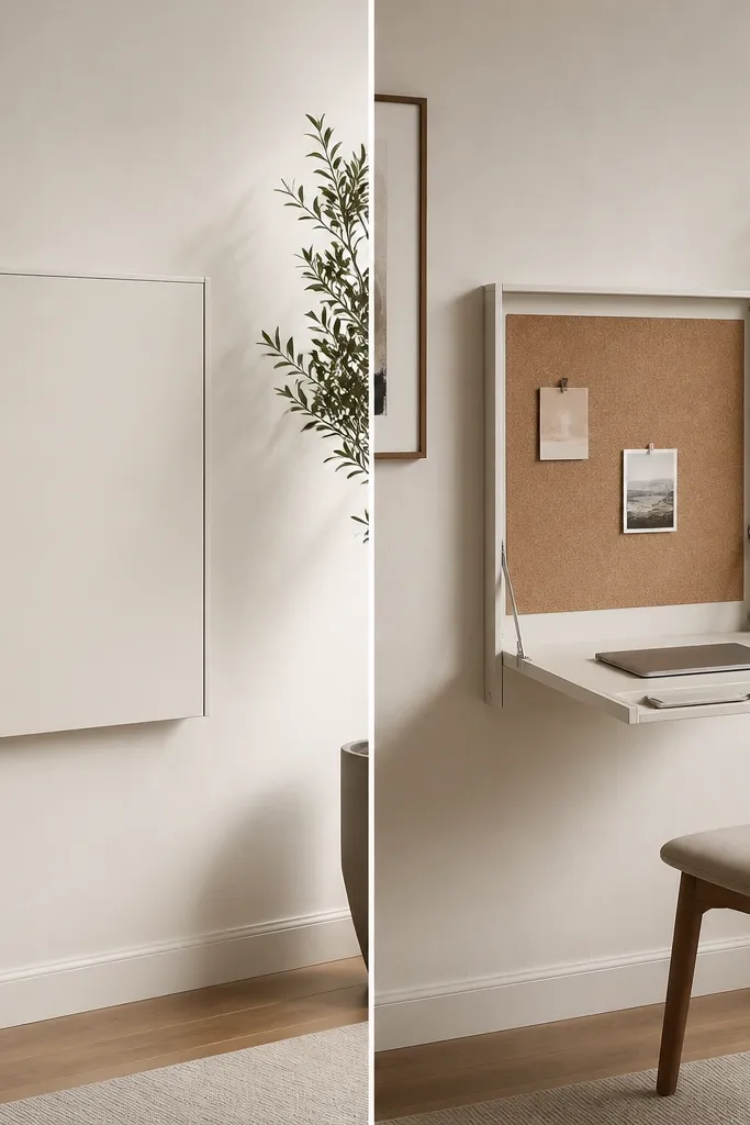 A compact folding wall desk mounted to a wall. When closed, it looks like a flat panel. When open, it has a small cork board above and a pen tray on the desk edge. The room stays uncluttered.