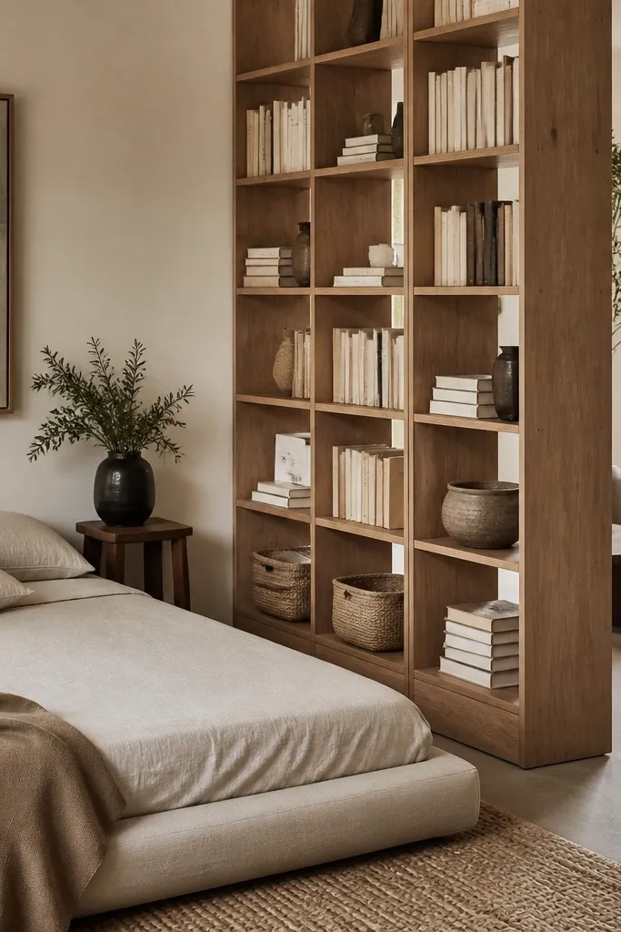 A low bed placed in front of a tall, narrow bookshelf used as a room divider. The shelf is about 10-12 inches from the bed edge. Books and a few neutral baskets sit on the shelves.
