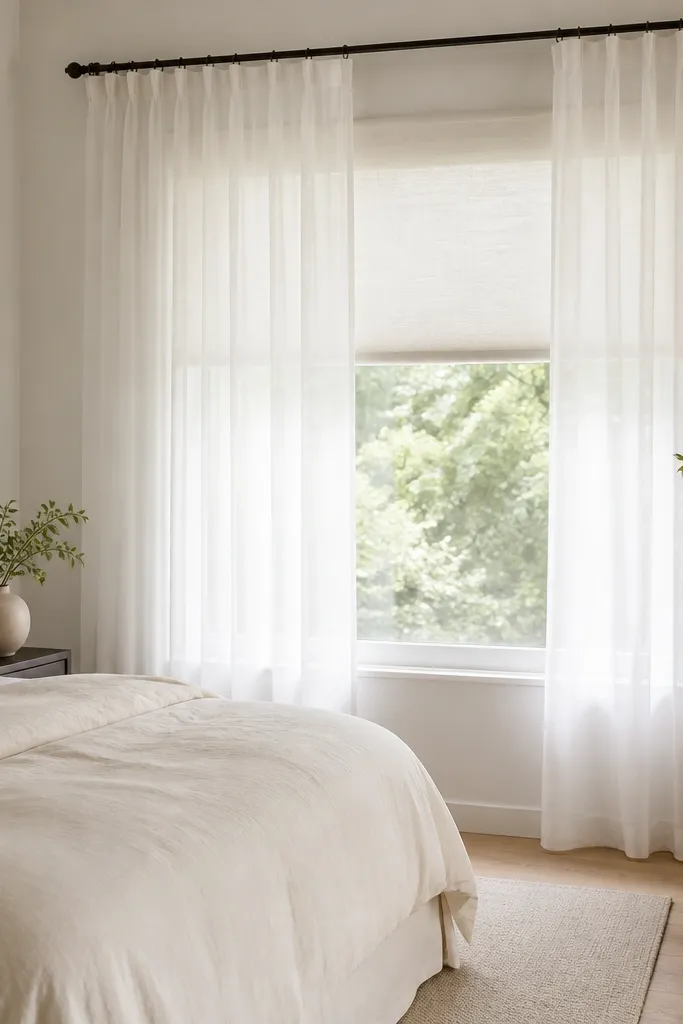 A matte black curtain rod with sheer white panels. The sheers hang light and airy, and a roller shade sits behind the sheer. The bed is dressed in cream linens.