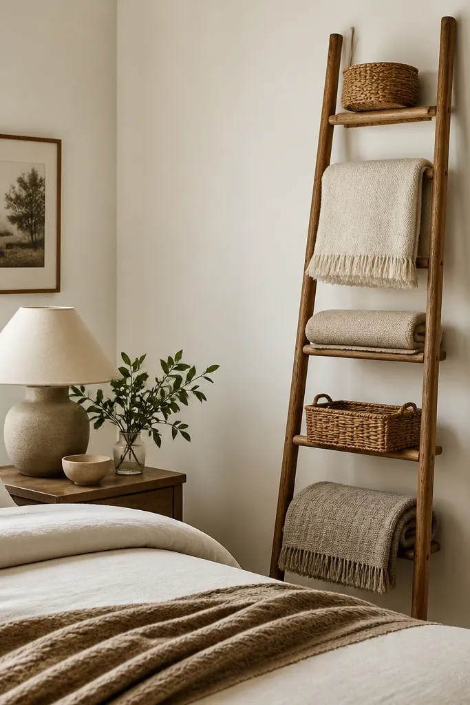 A thin wooden ladder mounted to the wall, with rungs holding neatly folded throws and a couple of small baskets. The bed is nearby with a neutral duvet. The wall is painted warm white.