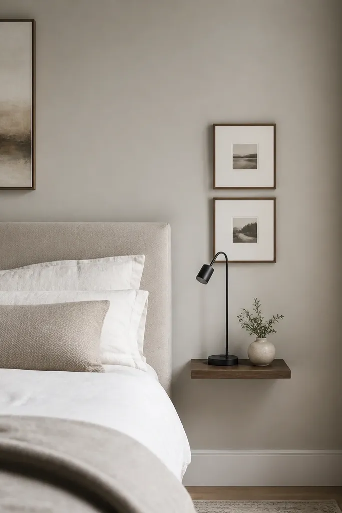 A small floating ledge next to the bed with a slim lamp. Above it are two tiny frames stacked vertically, both with white mats. The wall is a soft warm gray.