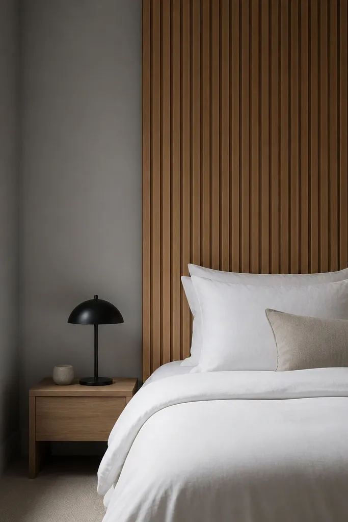 The bedroom has a single monochrome light gray paint. Behind the bed is a warm wood slat accent wall. The bed has white linens and a small black lamp.