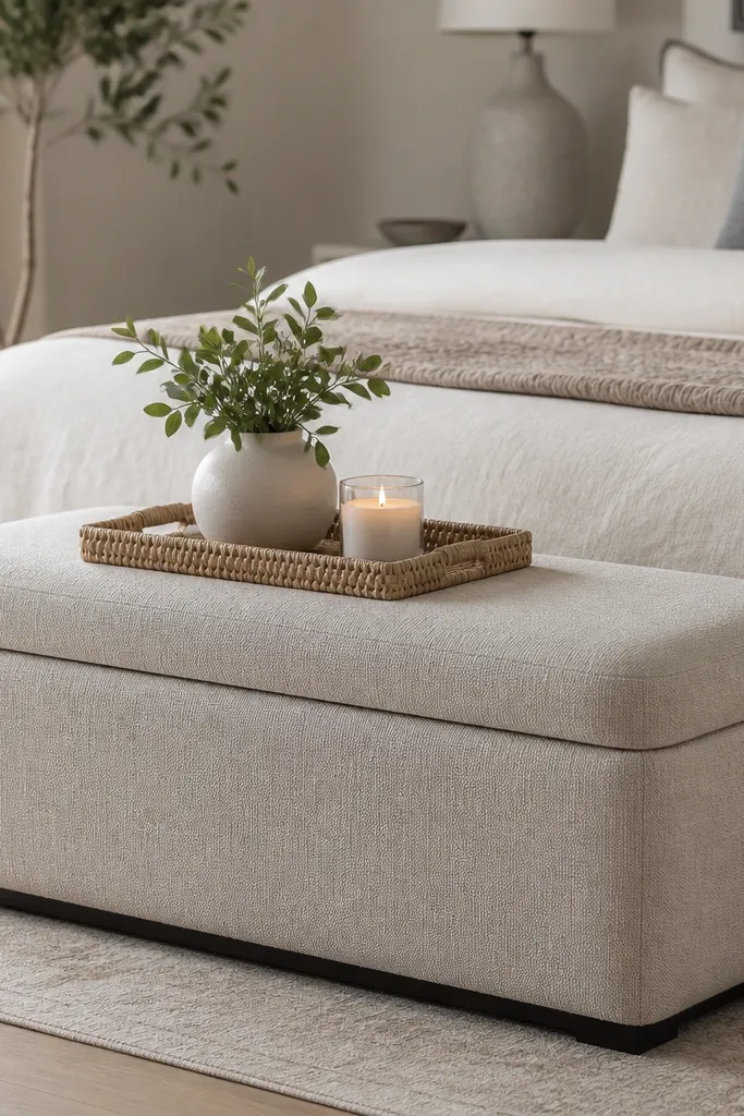 A low upholstered ottoman at the foot of a bed. The ottoman lid opens for storage. On top sits a removable tray with a candle and a small vase. The upholstery is a soft oatmeal fabric.