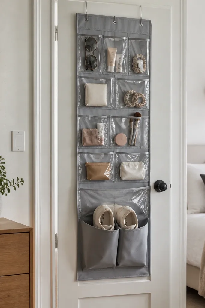 A hanging organizer mounted behind the bedroom door. It has clear pockets and two shoe slots at the bottom. The door is painted a soft white and the organizer is a neutral gray.