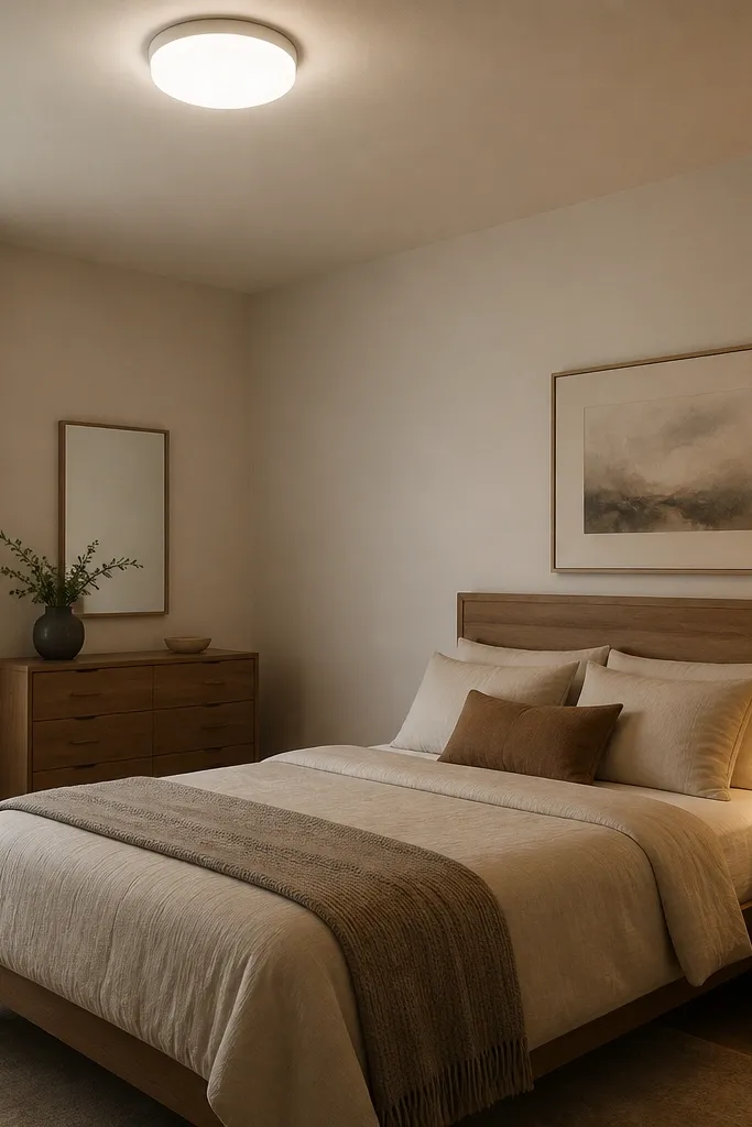 A flush mount ceiling light with frosted glass. The bedroom walls glow evenly. The bed has warm lighting from a small lamp, and the room shadows are soft.