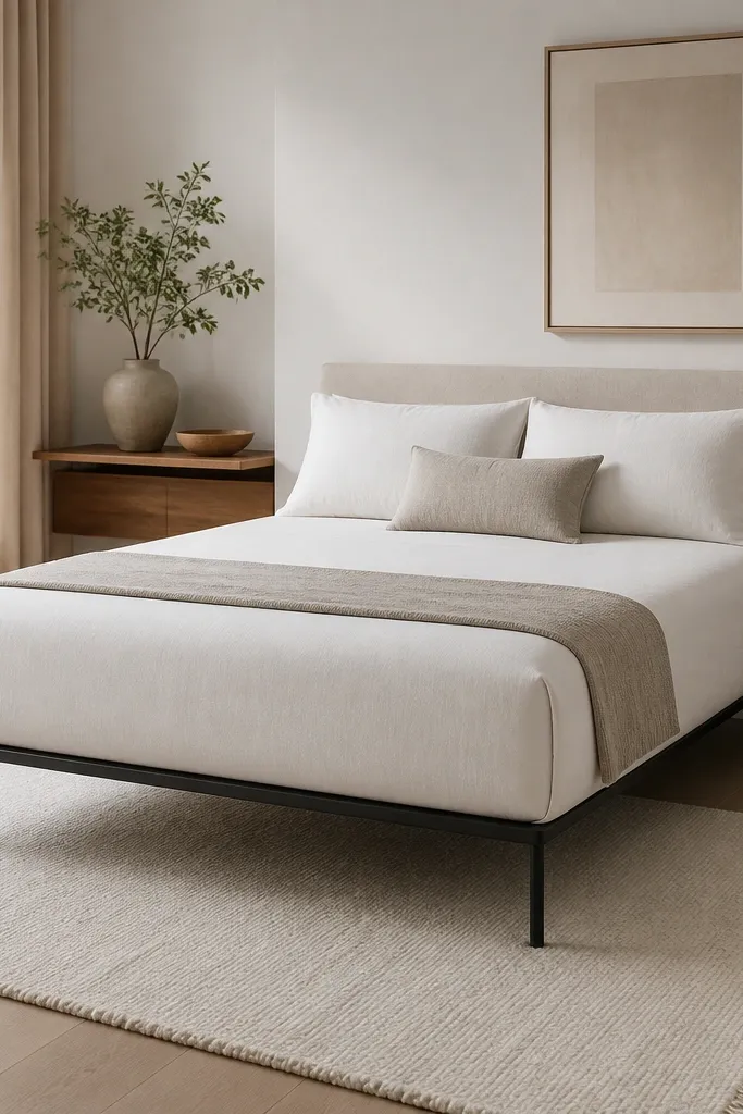 A queen-size bed with a white linen-look duvet tucked tightly at the sides, slim metal legs visible under the frame, and a narrow neutral runner on top; a small off-white rug sits partially under the front legs.