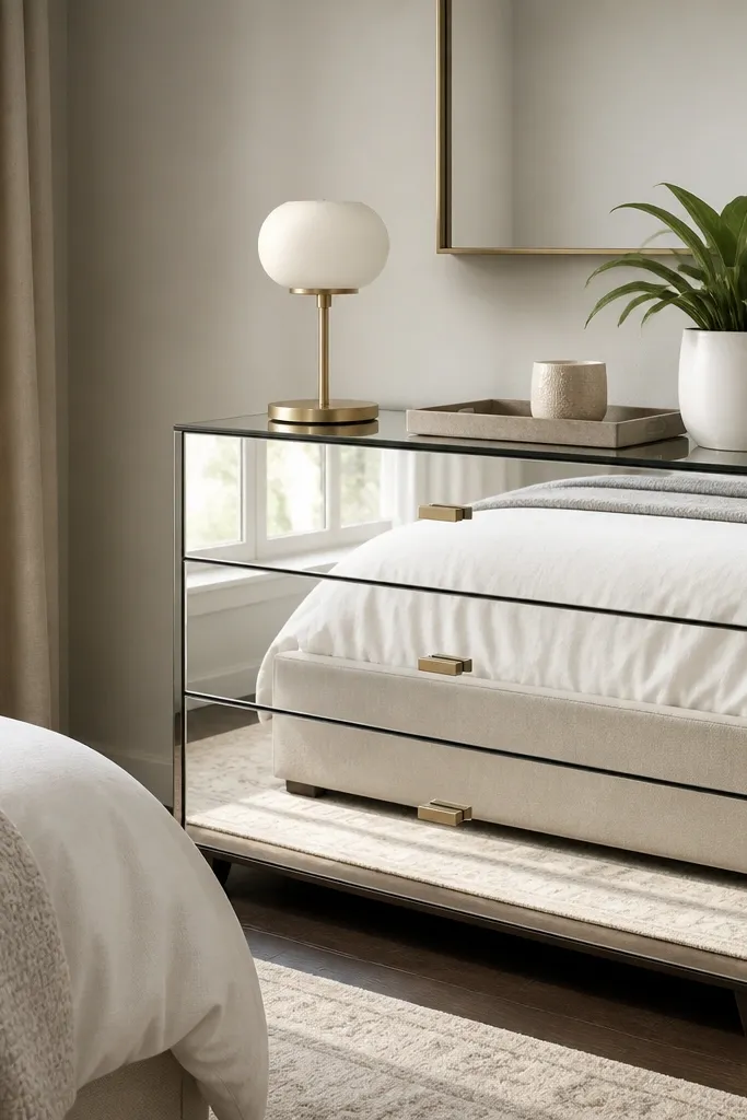 A compact dresser with a mirrored front panel reflecting the bed and window light; the top is styled with a tray, a small lamp, and a single plant in a white pot.