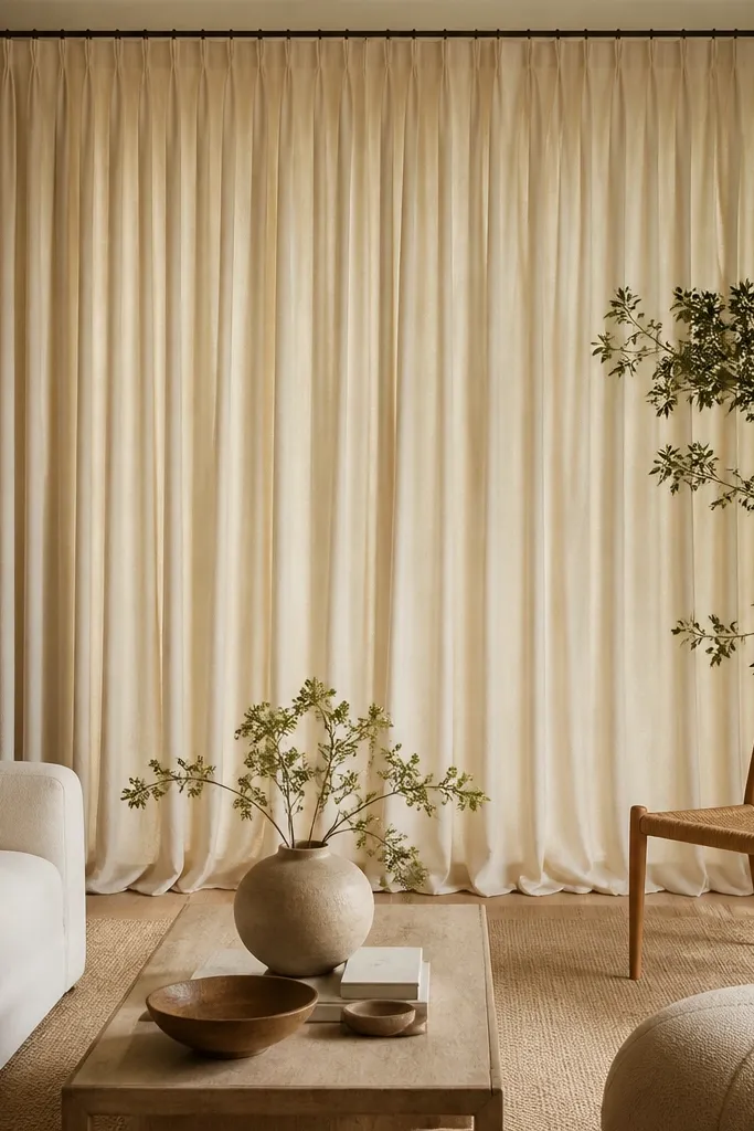 Floor-to-ceiling curtains in warm cream hang from a rod near the ceiling; the fabric pools slightly on the floor and the window is fully covered when closed.