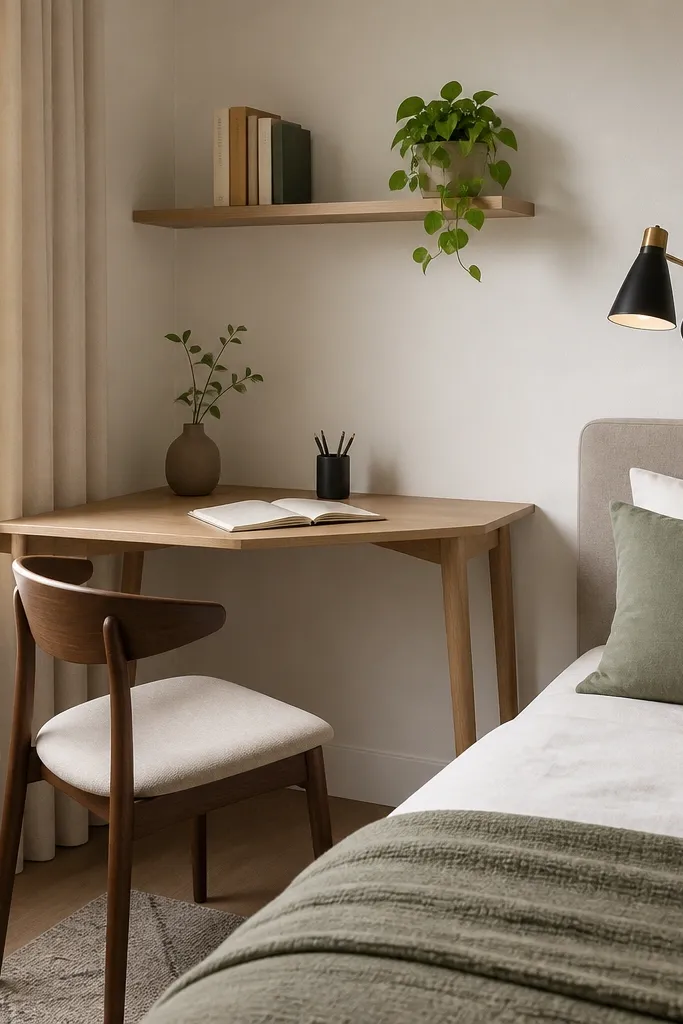 A slim corner desk with a light wood top and narrow legs; above it, a floating shelf holds a book stack and a small plant; the bed sits nearby with a wall-mounted reading light.