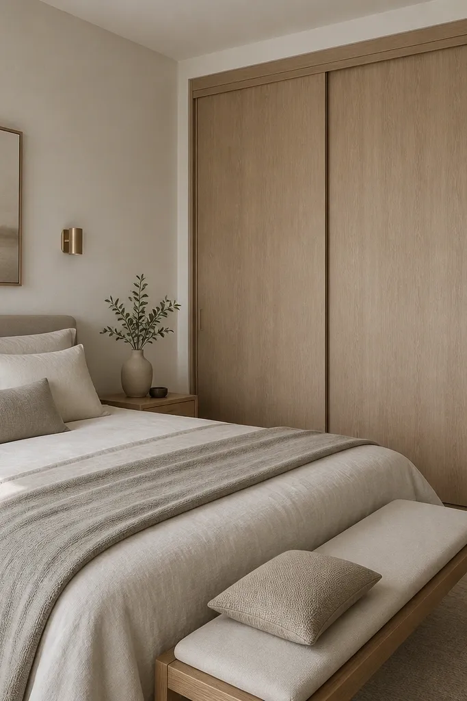 A narrow wardrobe built into the wall with sliding doors in a light wood finish; the bed is placed parallel to the wardrobe, and a slim bench sits at the foot with neutral cushions.