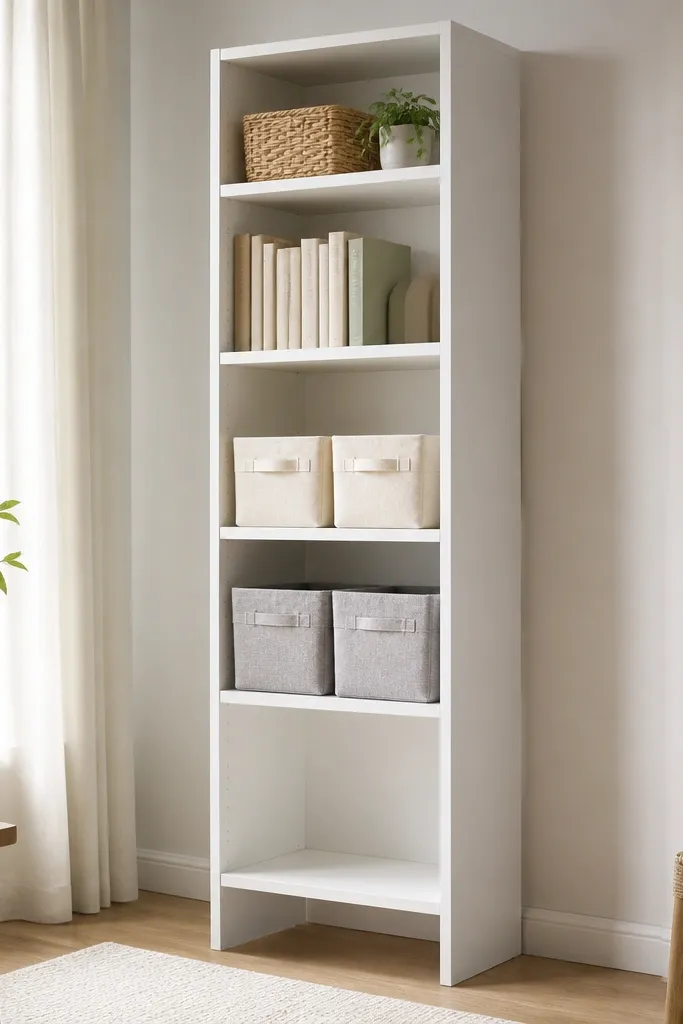 A tall, slim bookcase in white with open shelves; the top holds baskets and books, lower shelves have folded fabric bins, and the bottom is kept mostly clear.