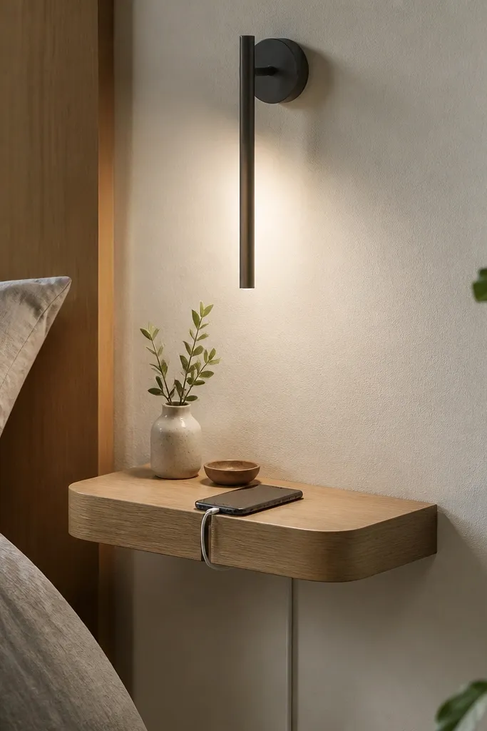 A small floating shelf used as a nightstand with a slim lamp mounted on the wall above; a phone charger cable runs neatly through a cord channel.
