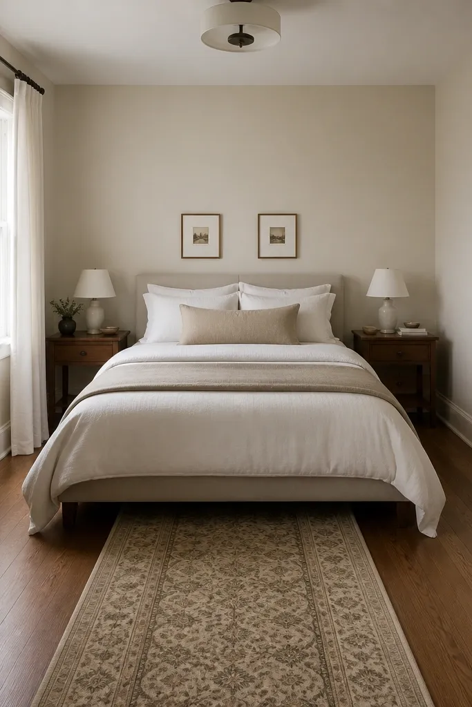 The bed is centered on the room's longest wall; a narrow runner rug runs from under the bed toward the door, and two small framed prints hang above the headboard height.