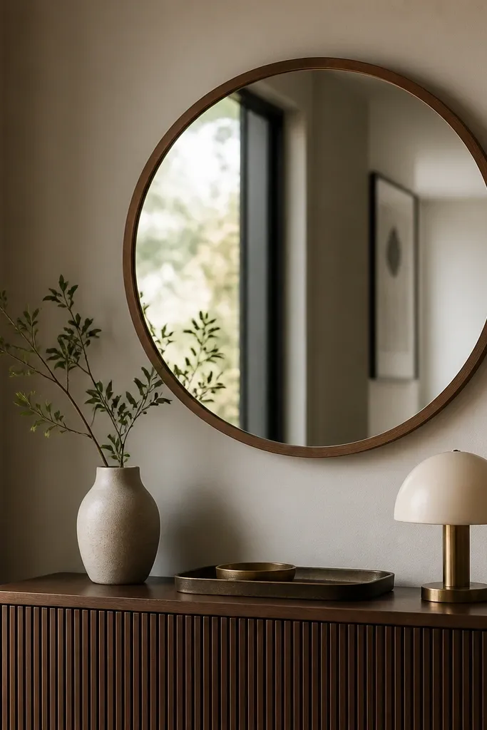 A round framed mirror hangs above a narrow dresser; the dresser top has a small tray, a single vase, and a compact lamp.