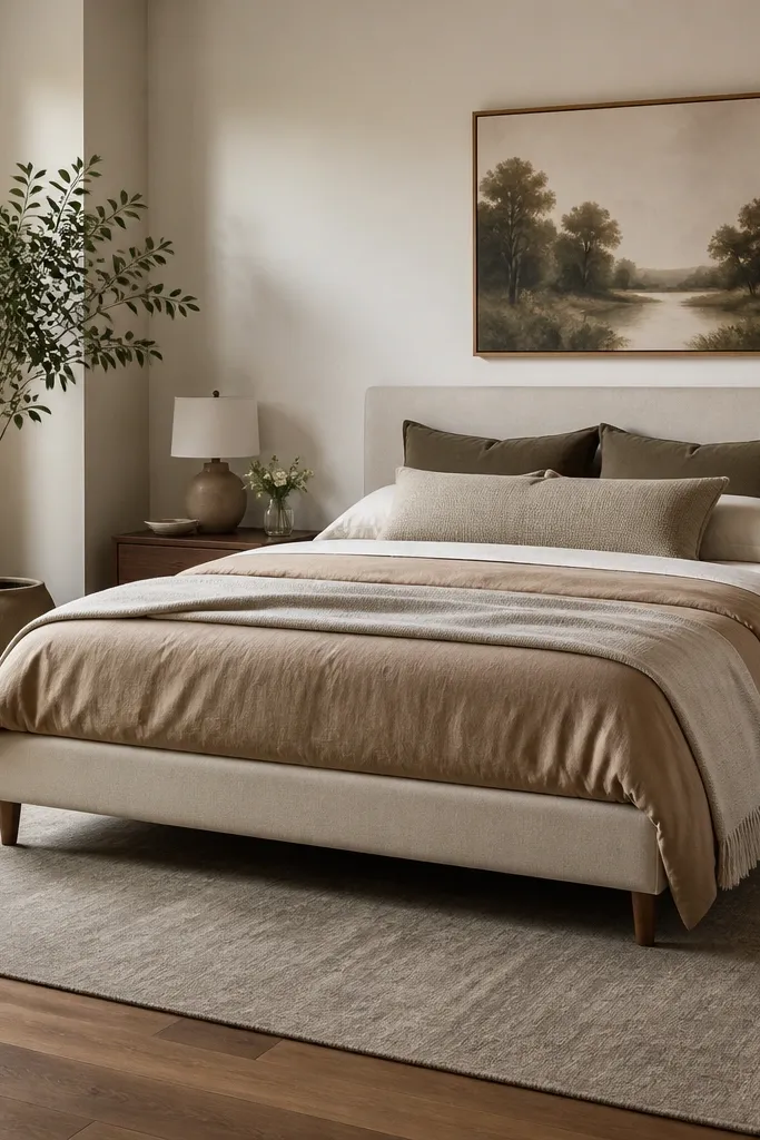 A low-pile rug extends under the front legs of the bed, with the rest of the room floor visible; the rug edges are straight and aligned with the bed.