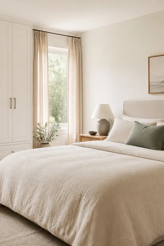 A bedroom with a white wardrobe, oatmeal bedding, and one muted sage throw pillow; the walls are warm off-white and the curtains match the bedding base tone.