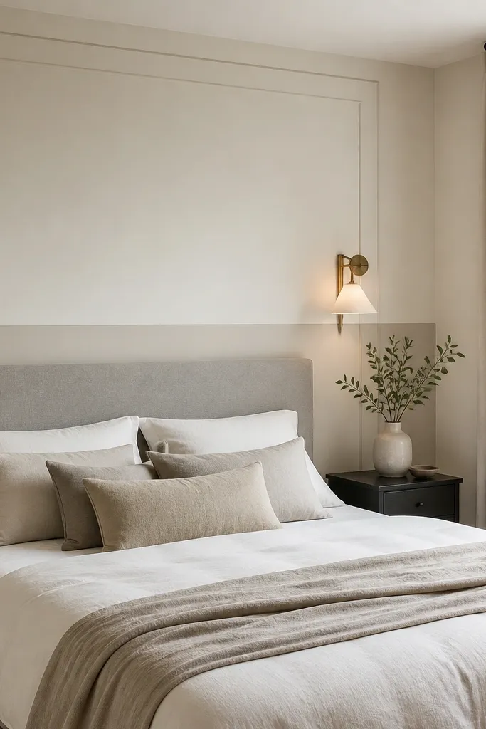 A bed with a slim upholstered headboard in light gray; behind it, the wall has a painted panel effect in two shades of warm white, and a single sconce lights the corner.