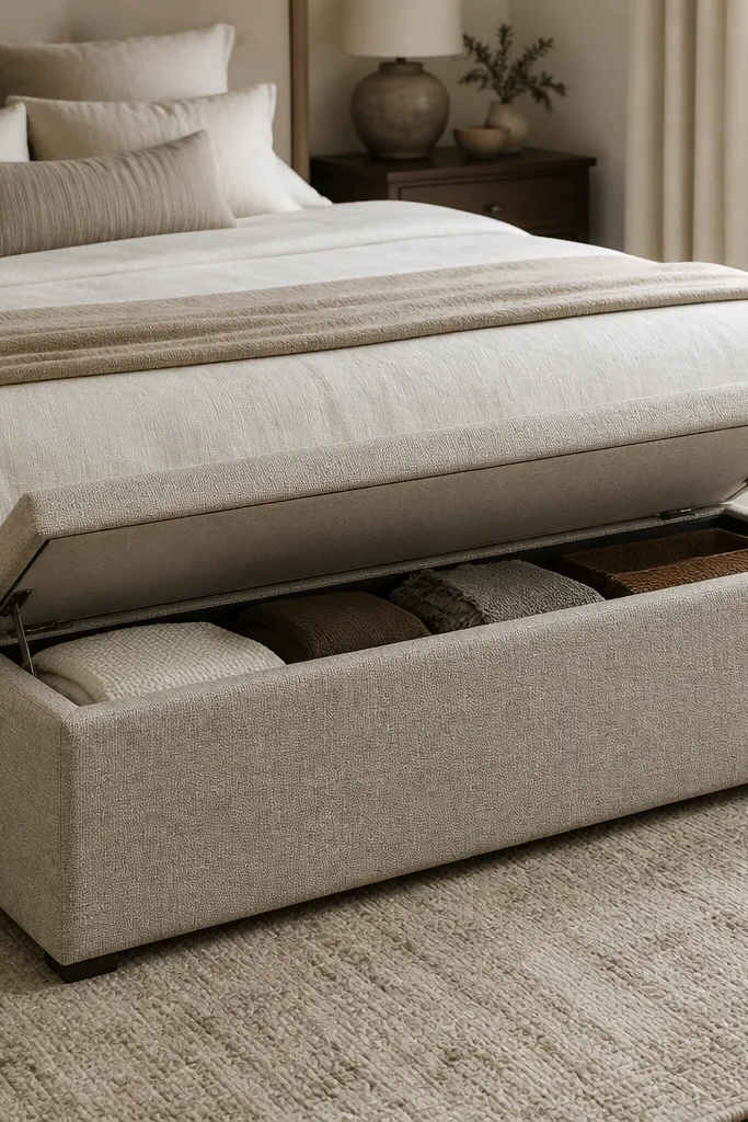 A narrow upholstered bench at the foot of a full bed; the top lifts to reveal hidden storage bins, and the bench is covered in a textured neutral fabric.