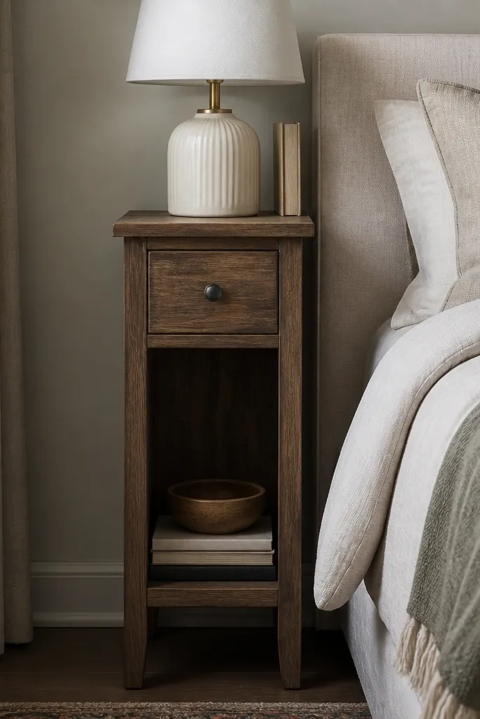 A tall narrow nightstand next to a bed with a single drawer, an open shelf below, a small lamp, and a book standing upright.