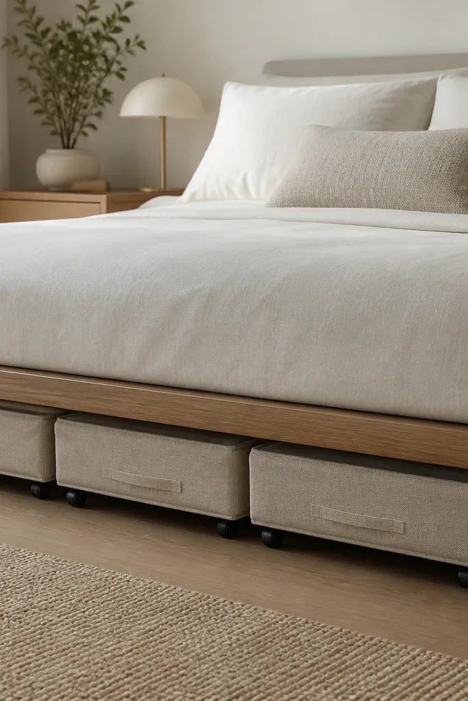 Three under-bed rolling bins in a neutral fabric with a fitted cover; the bed frame is low, and the bins are aligned neatly beneath the mattress.