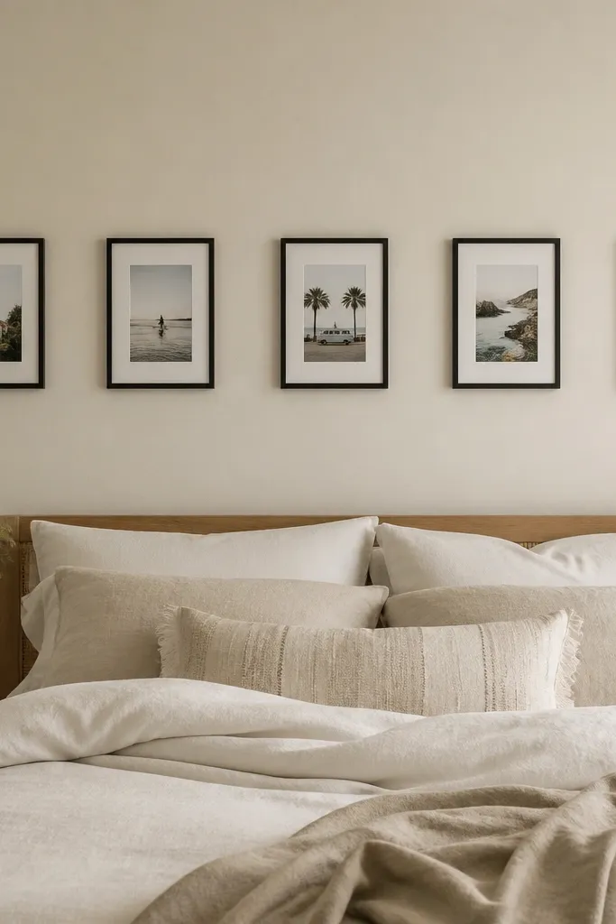 A photo gallery wall above a bed using five small frames with wide spacing; the frames are in matte black and the wall is warm off-white.