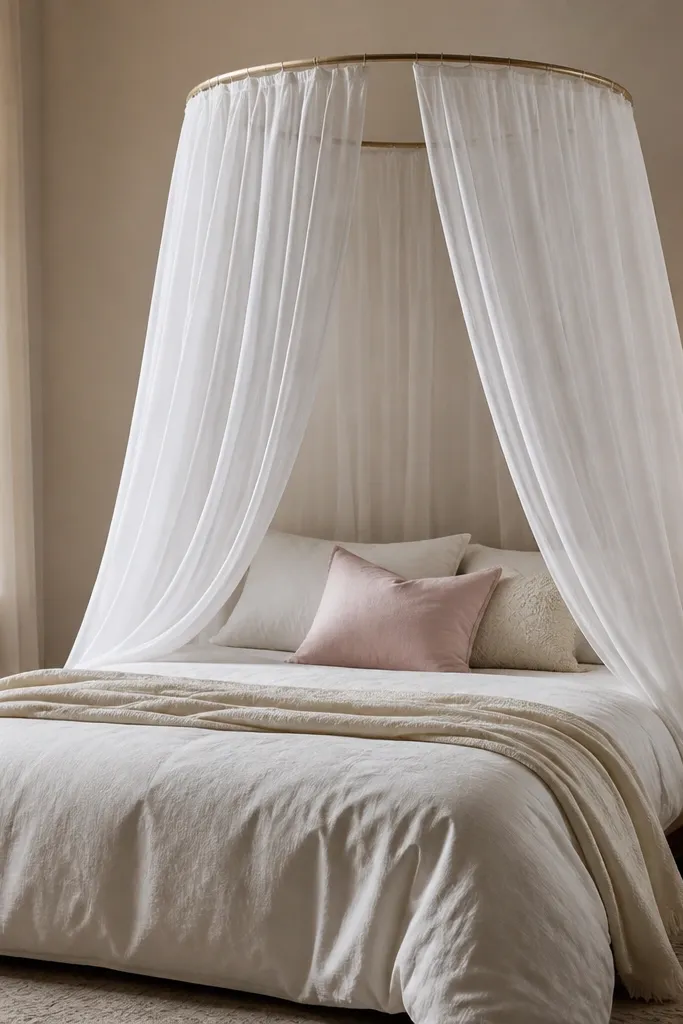 A small bed canopy made from a thin metal hoop frame with sheer white curtains; the curtains fall lightly over the sides and back of the bed.